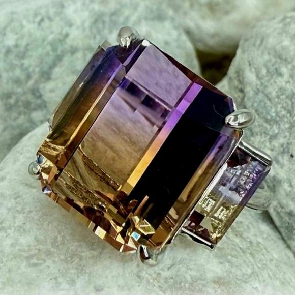 Bold Faceted 3 Stone Amethyst/Citrine (Ametrine) 925 Silver Women's Ring Size 6